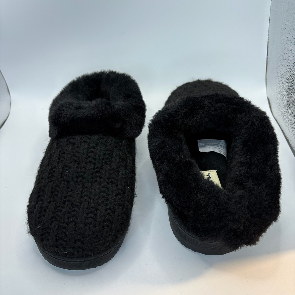 Dearfoams Cable Knit Clog‎ Slippers Womens Medium Black Fur Trim